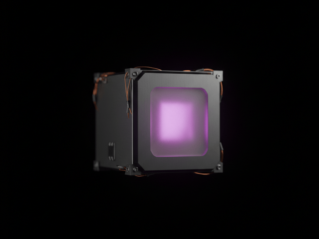 Close-up of a small cube-shaped satellite module against black space, its front face glowing violet-pink to evoke a tritium-powered energy source