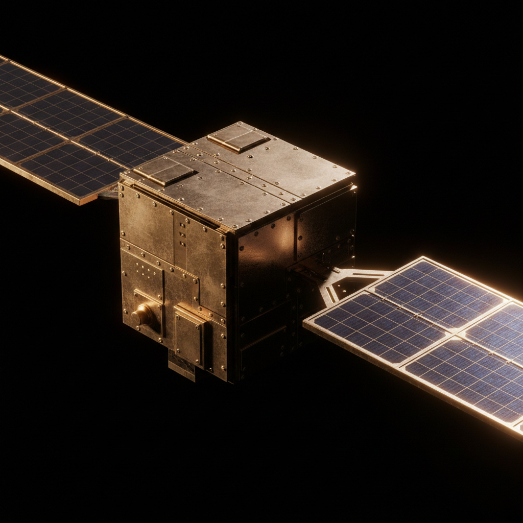 A CubeSat with two deployed solar-panel wings drifting in orbit against black space, lit by warm sunlight