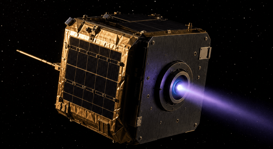 A small satellite in orbit fires its Hall-effect thruster, a thin blue ion plume trailing from the circular nozzle, gold thermal insulation catching low sunlight against a black starfield.