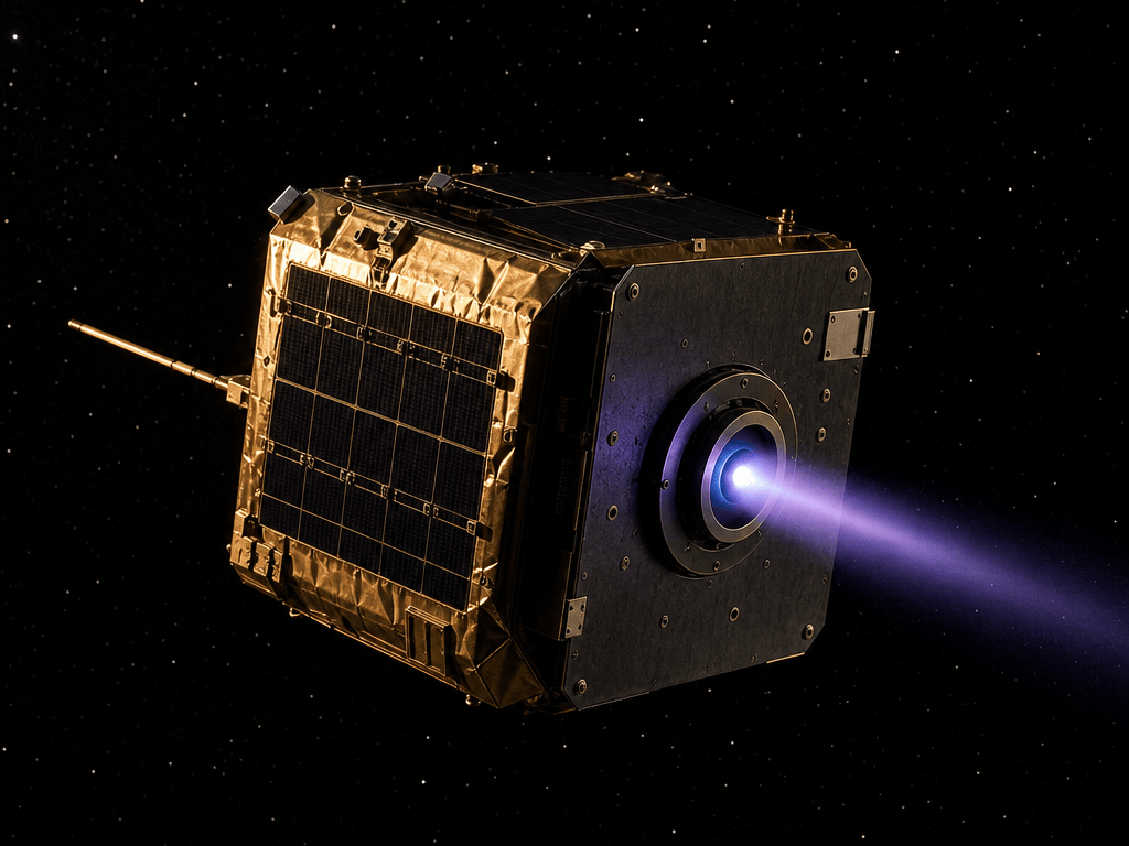 A small satellite in orbit fires its Hall-effect thruster, a thin blue ion plume trailing from the circular nozzle, gold thermal insulation catching low sunlight against a black starfield.