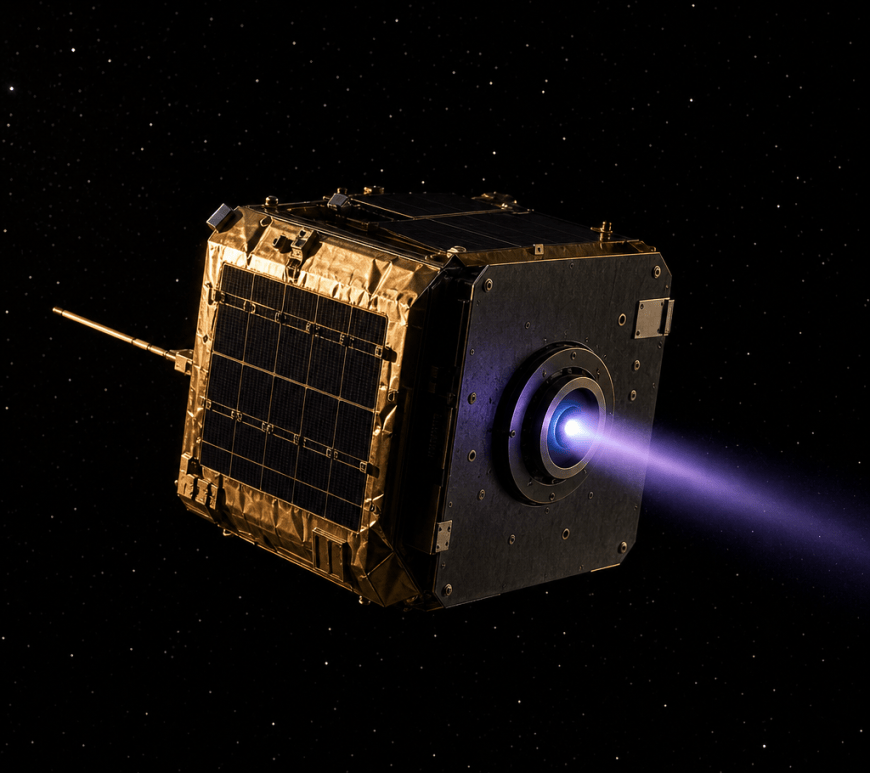 A small satellite in orbit fires its Hall-effect thruster, a thin blue ion plume trailing from the circular nozzle, gold thermal insulation catching low sunlight against a black starfield.