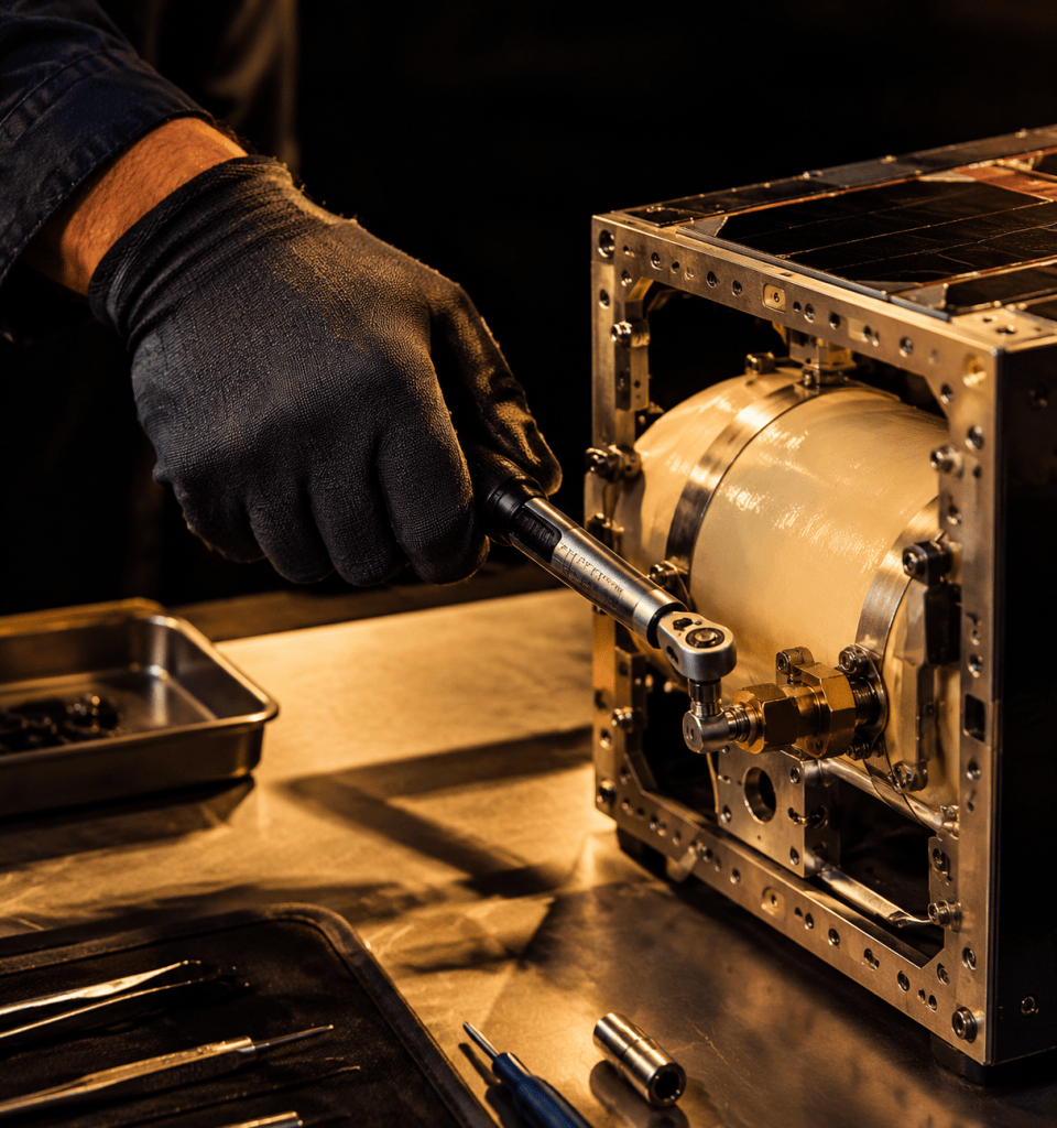 A gloved hand turns a torque wrench on the propellant tank of a small satellite thruster module during integration, warm raking light picking out the metal frame and tools.