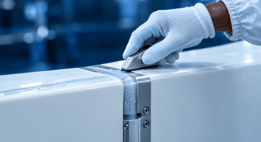 A gloved hand presses a sealing gauge along the gasketed seam between two white habitat panels joined by a brushed metal connector, under cool blue light.