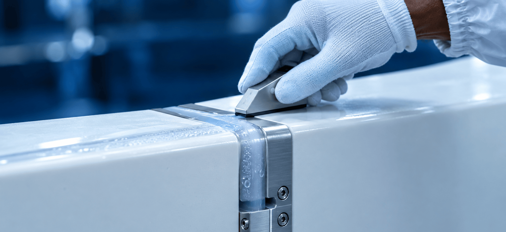 A gloved hand presses a sealing gauge along the gasketed seam between two white habitat panels joined by a brushed metal connector, under cool blue light.