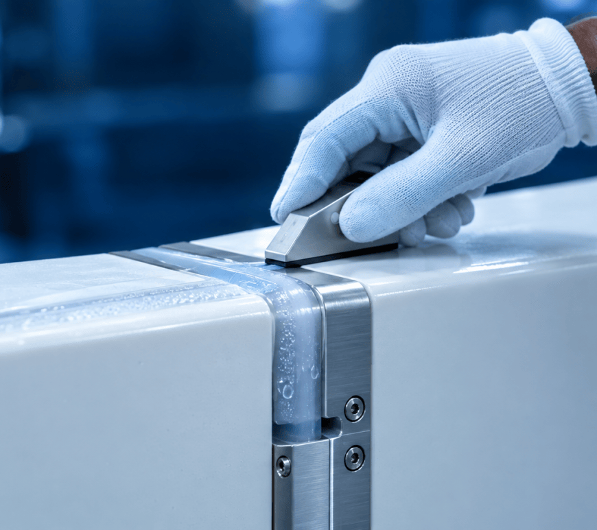 A gloved hand presses a sealing gauge along the gasketed seam between two white habitat panels joined by a brushed metal connector, under cool blue light.