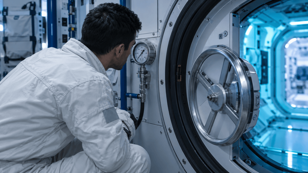 A crouching technician in a white suit reads a pressure gauge beside a round hatch that opens onto the next, blue-lit habitat module.