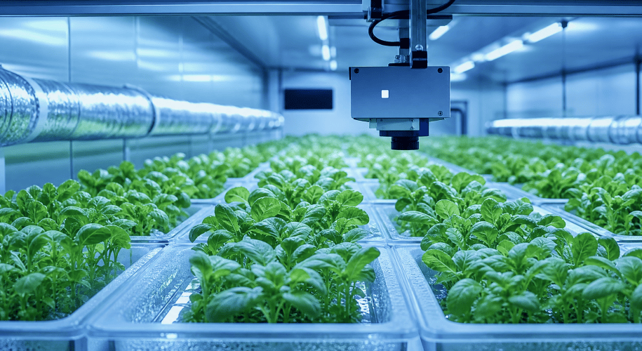 Rows of leafy seedlings in trays inside a controlled-environment growth chamber under cool blue light, an overhead sensor rig scanning the canopy.
