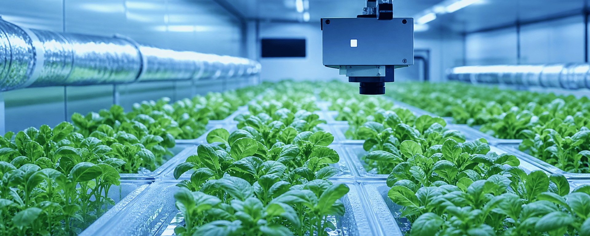 Rows of leafy seedlings in trays inside a controlled-environment growth chamber under cool blue light, an overhead sensor rig scanning the canopy.