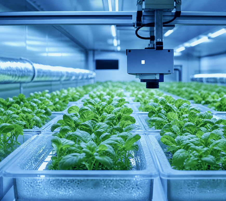Rows of leafy seedlings in trays inside a controlled-environment growth chamber under cool blue light, an overhead sensor rig scanning the canopy.