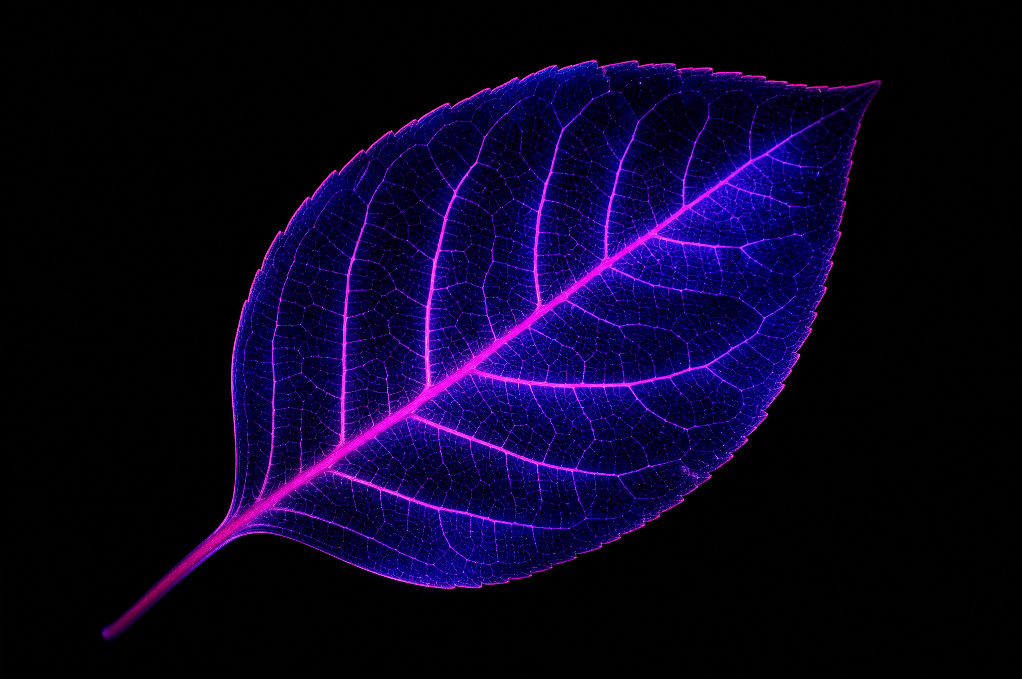 A single leaf shown in false colour, its veins traced in magenta and violet against a black background, as seen in wavelengths outside human vision.