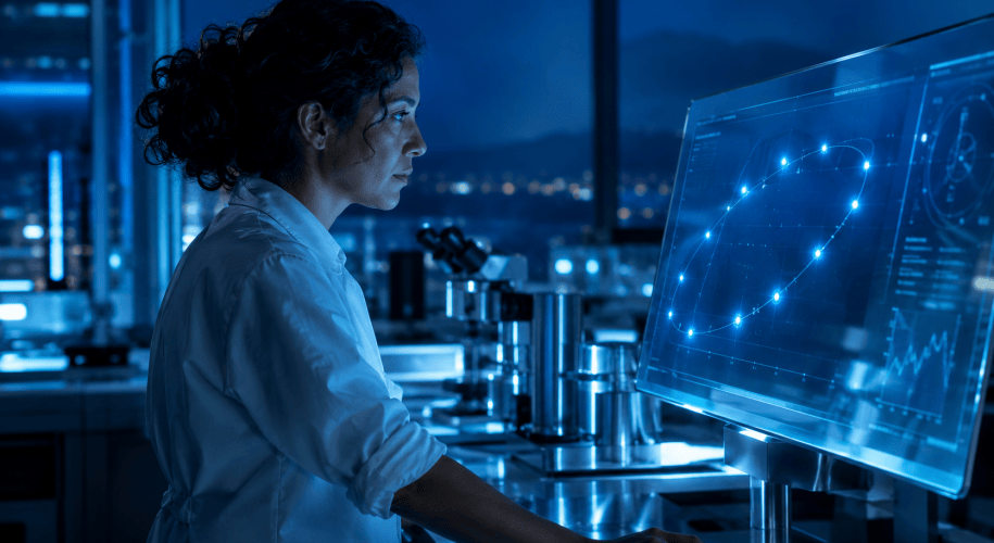 A woman with dark curly hair, seen in profile in a dim blue-lit laboratory, studies a transparent display where twelve points of light float along a curved orbit.