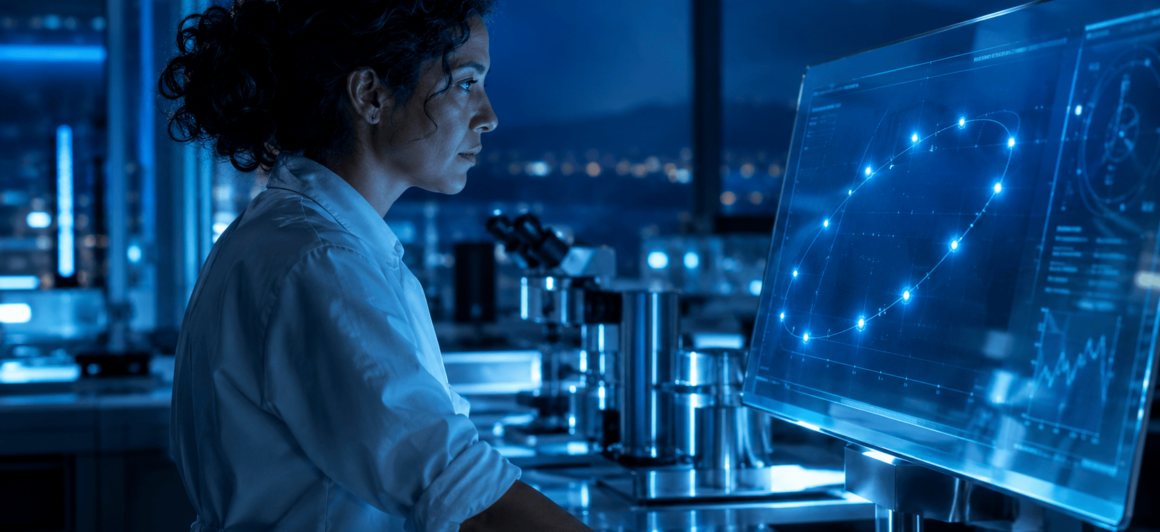 A woman with dark curly hair, seen in profile in a dim blue-lit laboratory, studies a transparent display where twelve points of light float along a curved orbit.