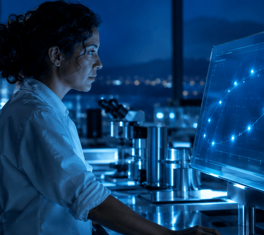 A woman with dark curly hair, seen in profile in a dim blue-lit laboratory, studies a transparent display where twelve points of light float along a curved orbit.