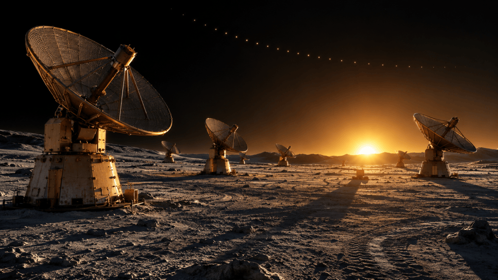 Bronze mesh receiver dishes stand on grey lunar regolith at low sun, long shadows across the ground, while a chain of small bright points arcs across the black sky.