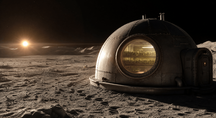 A domed farming habitat on the grey lunar surface at sunrise, rows of green plants glowing through its large round window.