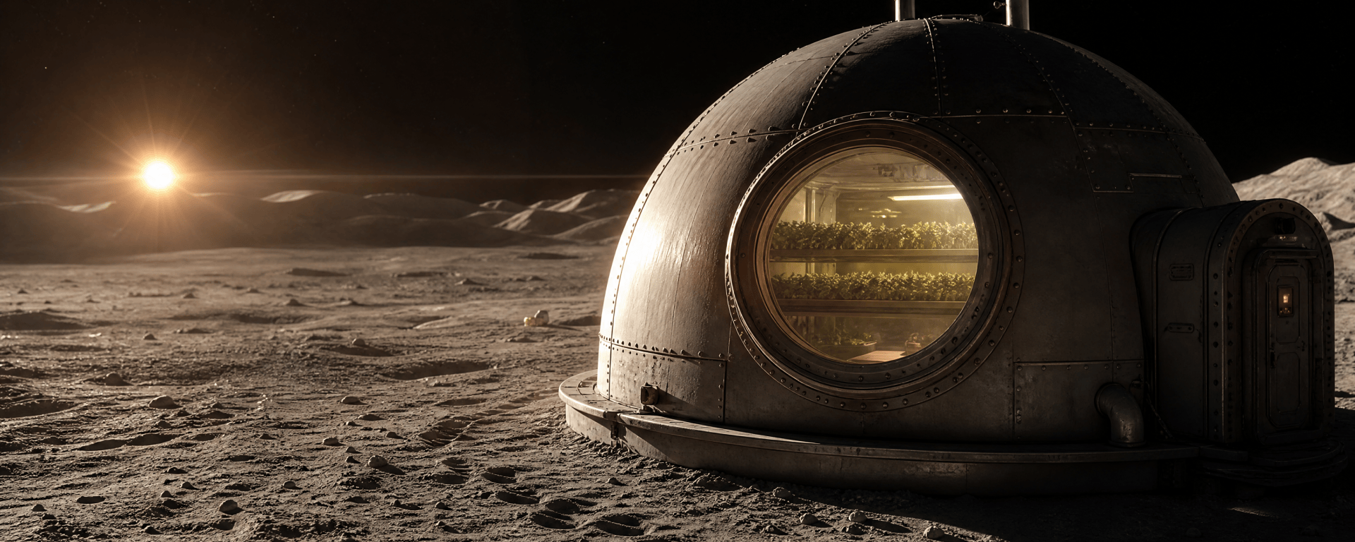 A domed farming habitat on the grey lunar surface at sunrise, rows of green plants glowing through its large round window.