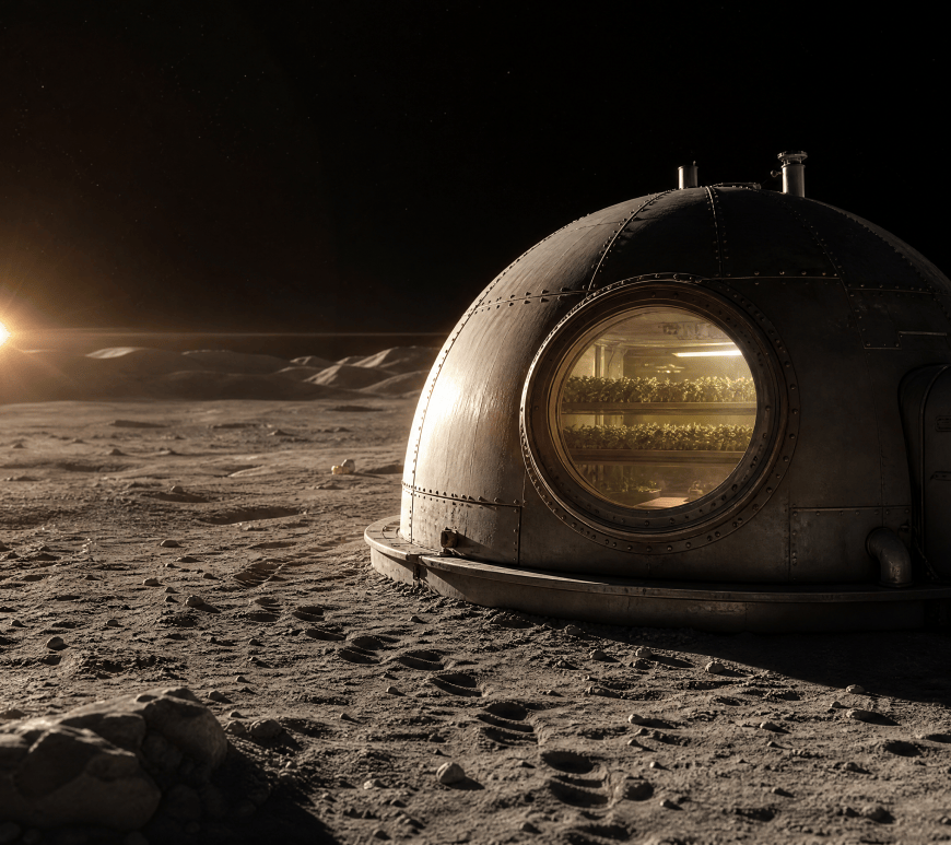 A domed farming habitat on the grey lunar surface at sunrise, rows of green plants glowing through its large round window.