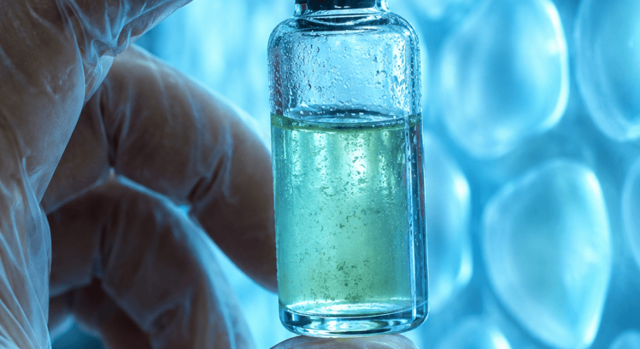 A gloved hand holds a sealed glass vial with a pale green microbial culture against a glowing blue membrane wall, a bioreactor sample tested for Mars contamination risk.