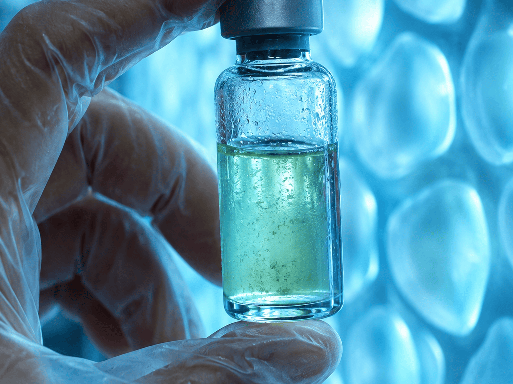 A gloved hand holds a sealed glass vial with a pale green microbial culture against a glowing blue membrane wall, a bioreactor sample tested for Mars contamination risk.