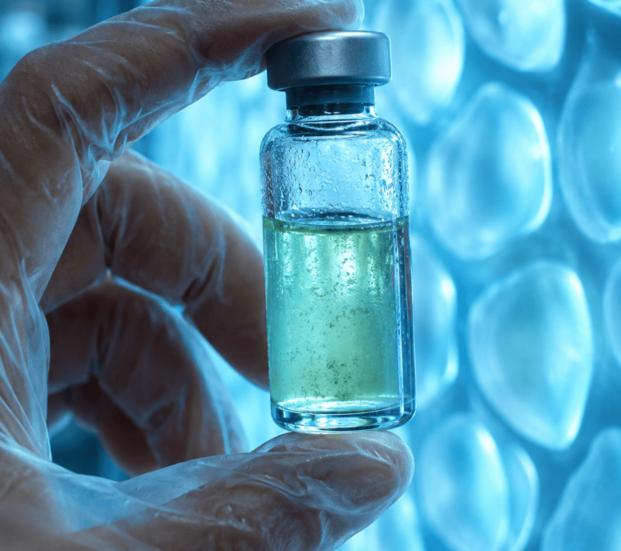 A gloved hand holds a sealed glass vial with a pale green microbial culture against a glowing blue membrane wall, a bioreactor sample tested for Mars contamination risk.