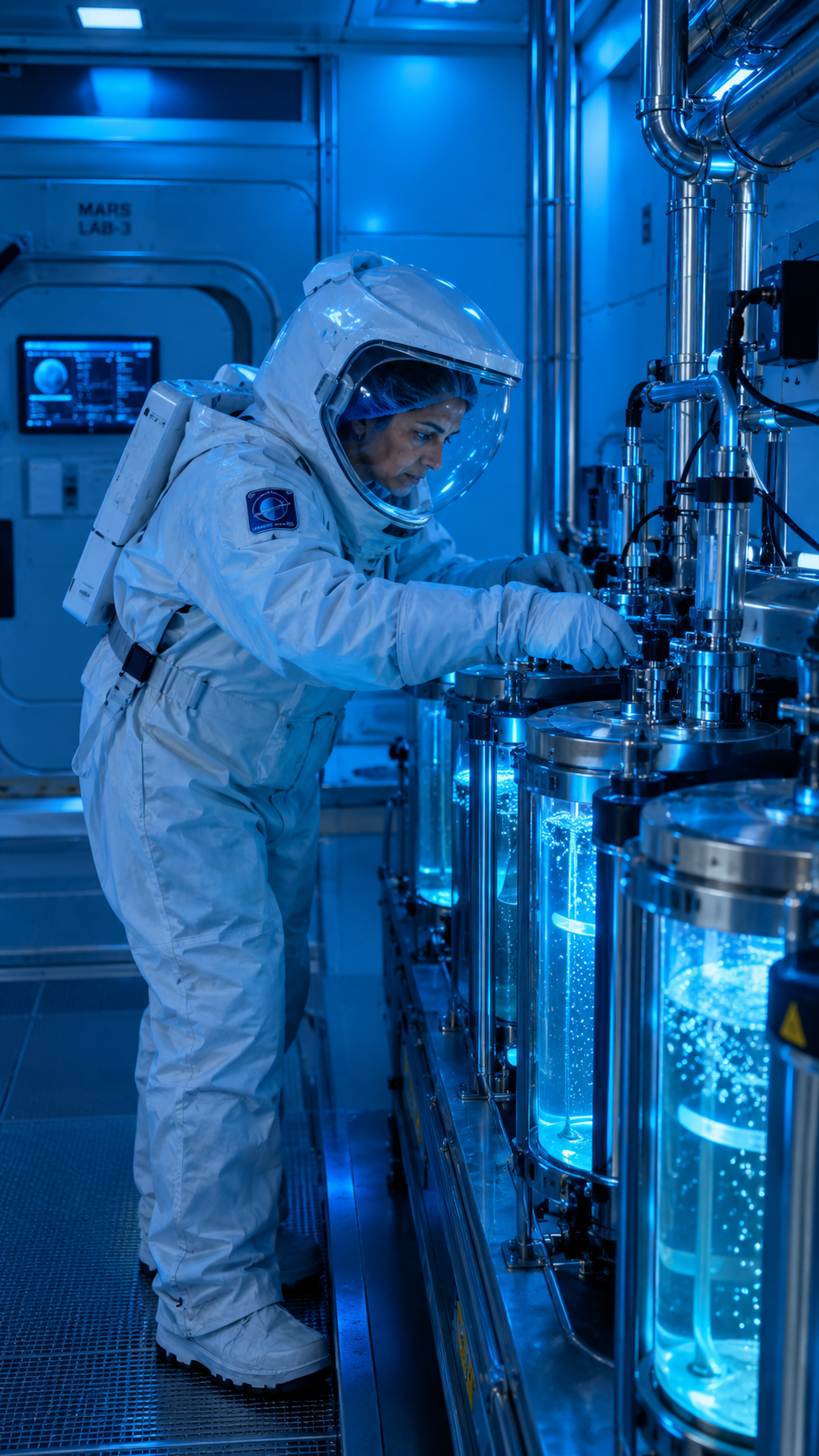 A researcher in a full biocontainment suit inspects a row of glowing blue bioreactor tanks inside a Mars laboratory module.