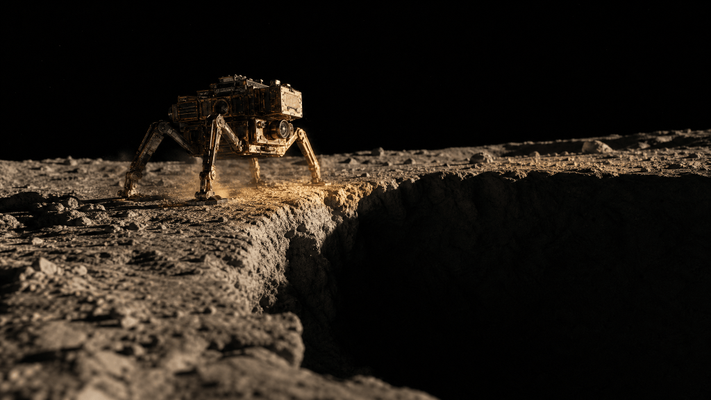 A four-legged robotic probe crouches on the sunlit rim of a lunar crater, long shadows across grey regolith, the dark pit beside it.