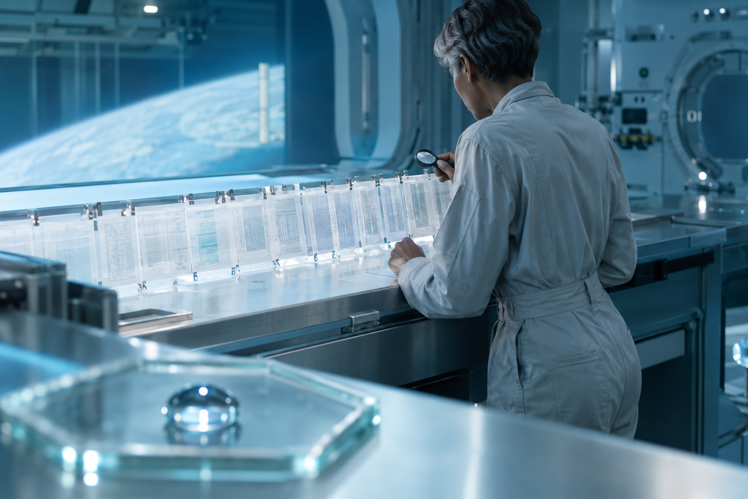 A technician in a grey coverall, seen from behind, inspects a row of translucent document cards with a hand lens in a blue-lit orbital module, Earth visible through the window.