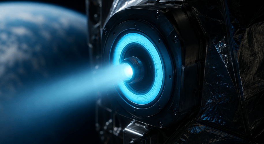 Close view of an interstellar probe's electric thruster firing a faint blue ion plume into the dark, with Earth blurred in the background.