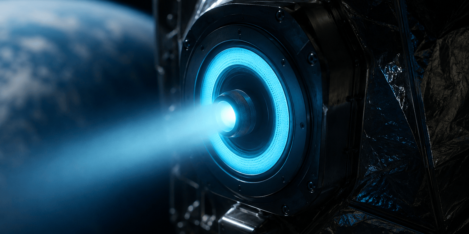 Close view of an interstellar probe's electric thruster firing a faint blue ion plume into the dark, with Earth blurred in the background.