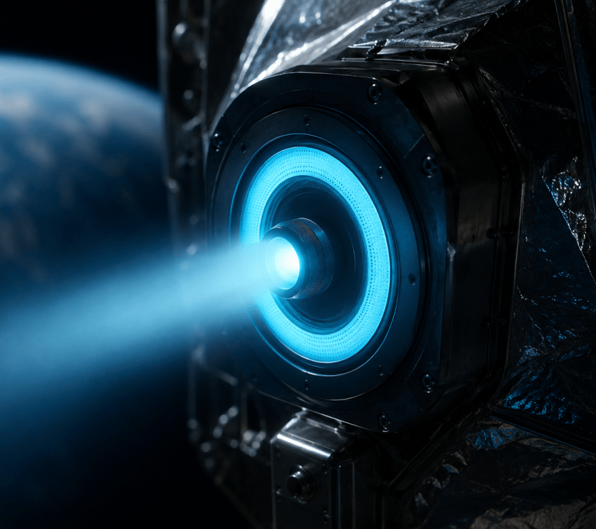 Close view of an interstellar probe's electric thruster firing a faint blue ion plume into the dark, with Earth blurred in the background.