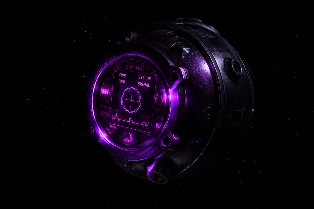 A small metallic space probe drifting in near-total darkness, its instrument panel glowing electric magenta against the black.