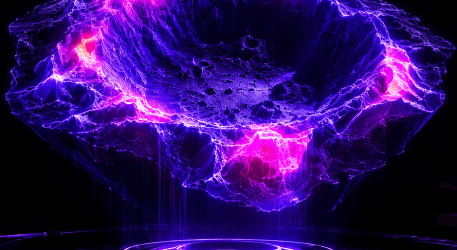 A lunar polar crater rendered as a glowing violet and magenta hologram against total darkness, illustrating the NASA-IBM Lunar Foundation Model's AI mapping of ice-probability zones.