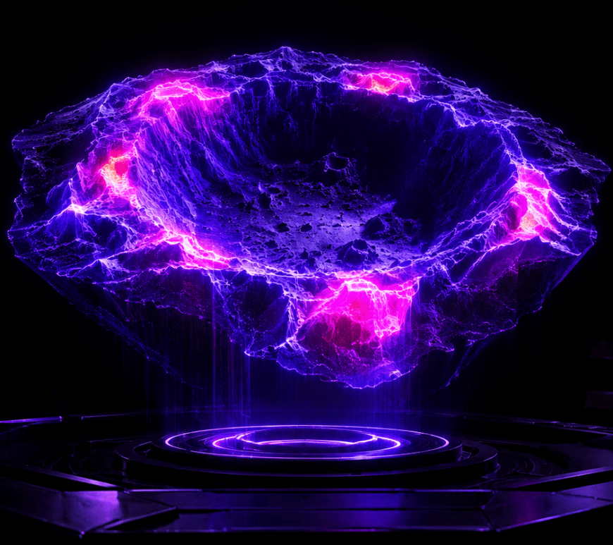A lunar polar crater rendered as a glowing violet and magenta hologram against total darkness, illustrating the NASA-IBM Lunar Foundation Model's AI mapping of ice-probability zones.