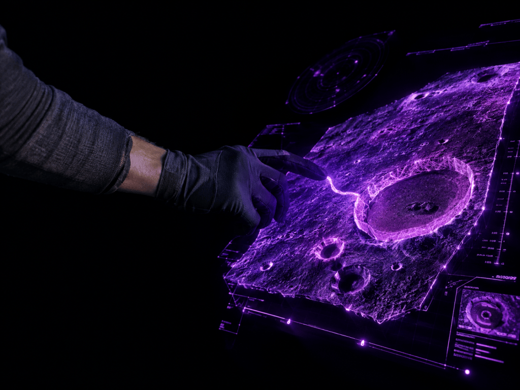 A gloved forearm traces a contour line on a floating violet-lit hologram of lunar crater data, representing a scientist reviewing the AI model's ice-detection results.