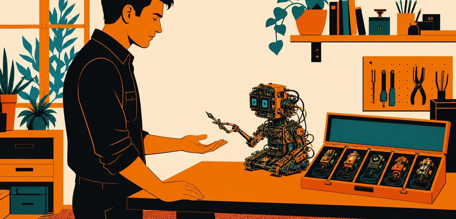 Flat illustration: a person stands at a workbench calmly taking a pen held out by a small, intricately built machine-creature, while a row of unplugged single-task gadgets sits tidied in an open box nearby.