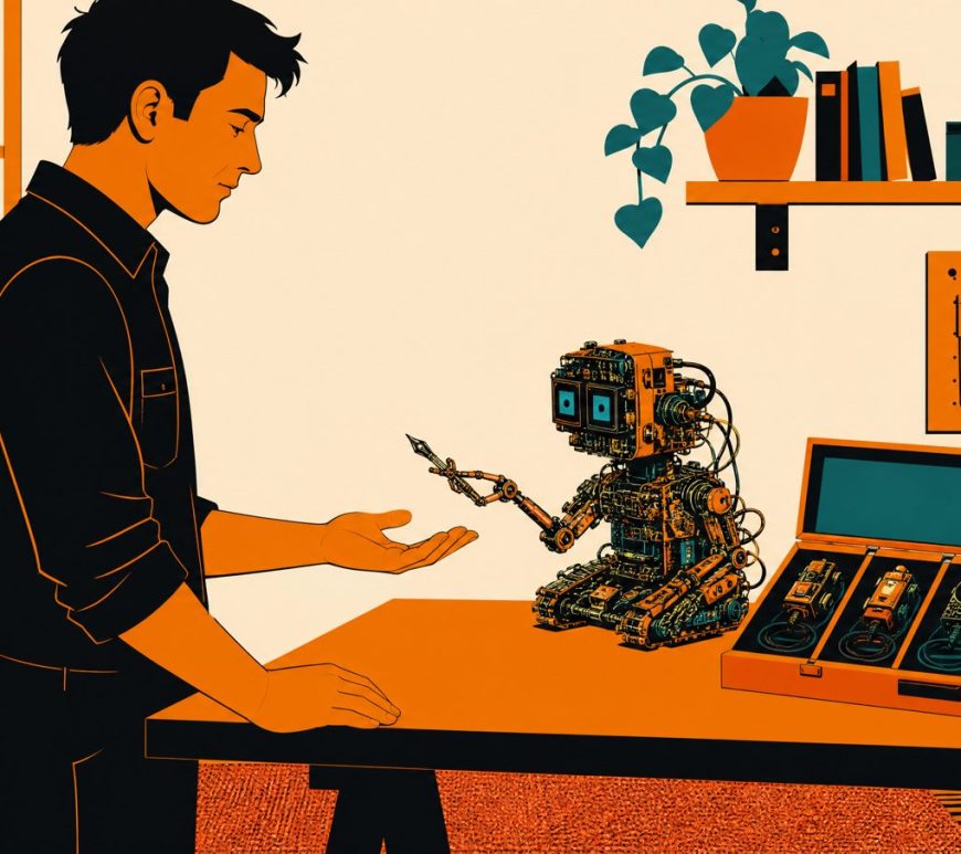 Flat illustration: a person stands at a workbench calmly taking a pen held out by a small, intricately built machine-creature, while a row of unplugged single-task gadgets sits tidied in an open box nearby.