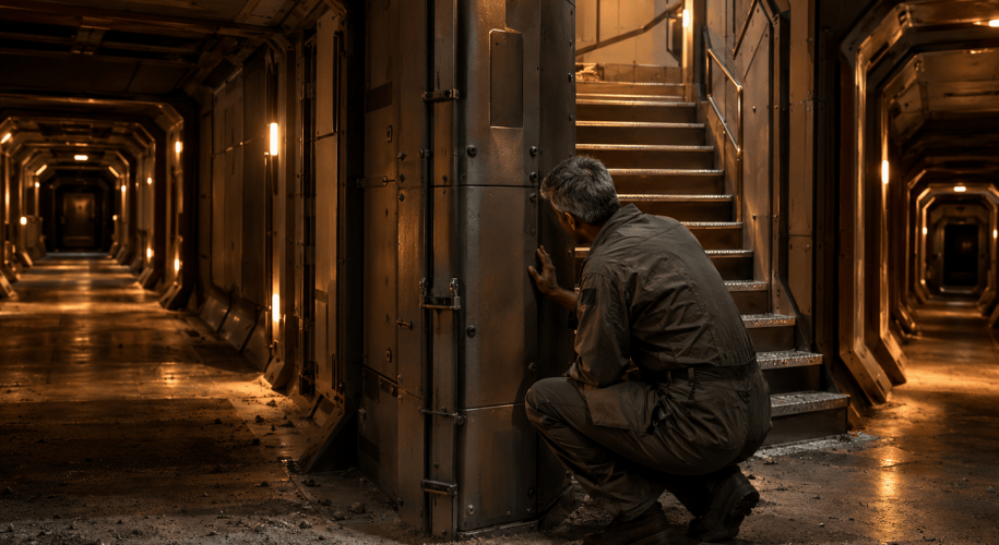 An engineer in a working flight suit crouches at a corridor junction inside a planetary habitat where passages and a short stair meet, lit by warm raking light.