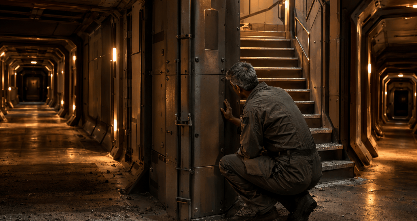 An engineer in a working flight suit crouches at a corridor junction inside a planetary habitat where passages and a short stair meet, lit by warm raking light.
