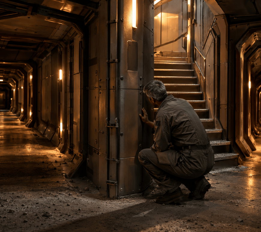 An engineer in a working flight suit crouches at a corridor junction inside a planetary habitat where passages and a short stair meet, lit by warm raking light.