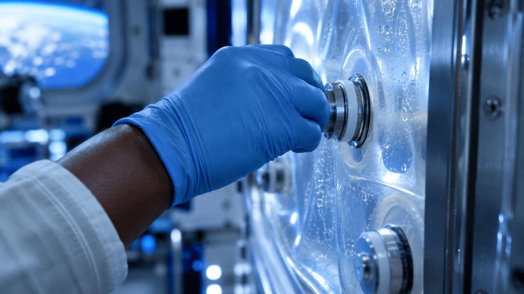 A gloved hand and forearm adjust a translucent life-support membrane panel inside an orbital habitat, lit in clinical blue with Earth visible through a porthole.