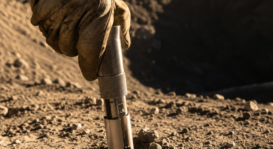 A gloved hand presses a coring tool into gritty gray lunar regolith at the rim of a permanently shadowed crater, lit by low golden sunlight.