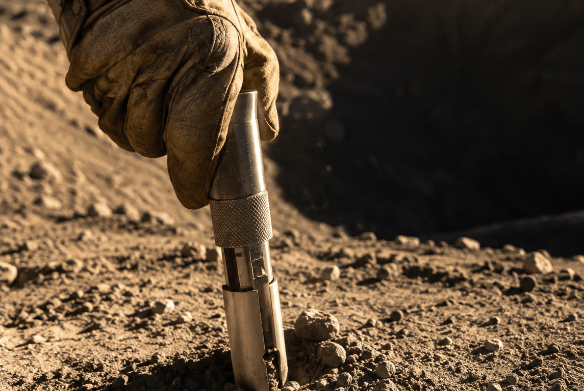 A gloved hand presses a coring tool into gritty gray lunar regolith at the rim of a permanently shadowed crater, lit by low golden sunlight.