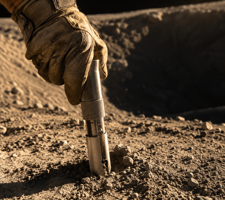 A gloved hand presses a coring tool into gritty gray lunar regolith at the rim of a permanently shadowed crater, lit by low golden sunlight.