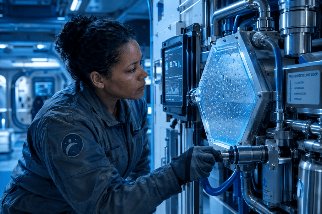 An engineer inspects a glowing hexagonal water recycling membrane aboard a lunar module, a readout showing a 98.7 percent recycling rate.