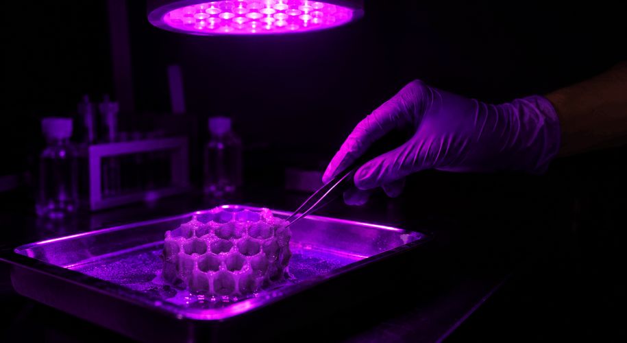 Gloved hand using tweezers to lift a 3D-printed yeast-gelatin-regolith honeycomb sample from a metal tray, lit by a violet UV lab lamp.