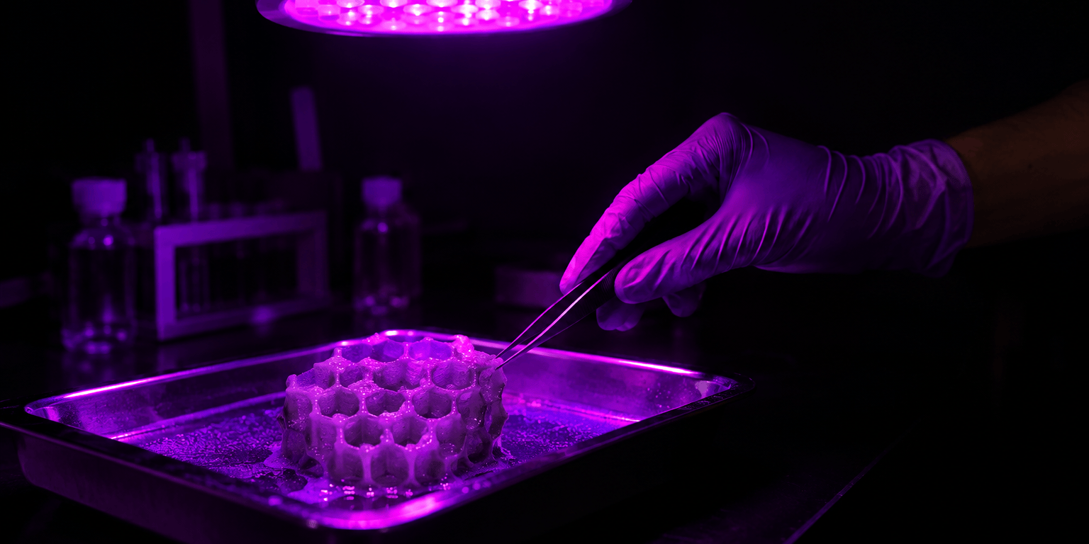 Gloved hand using tweezers to lift a 3D-printed yeast-gelatin-regolith honeycomb sample from a metal tray, lit by a violet UV lab lamp.