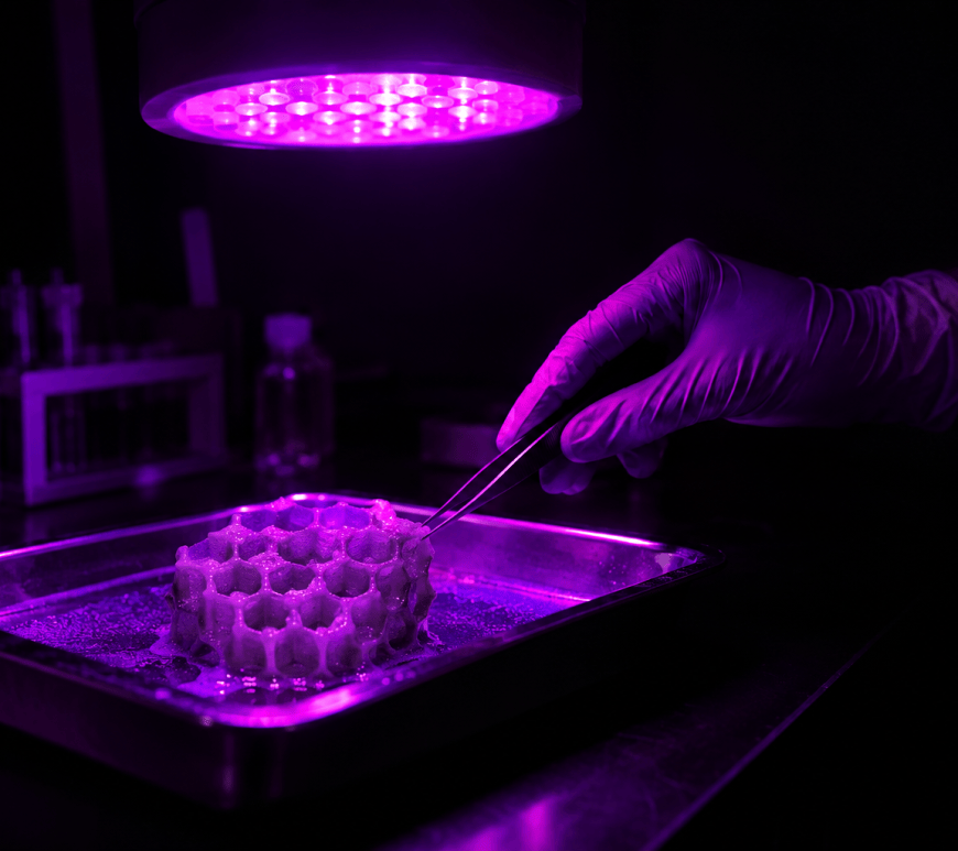 Gloved hand using tweezers to lift a 3D-printed yeast-gelatin-regolith honeycomb sample from a metal tray, lit by a violet UV lab lamp.