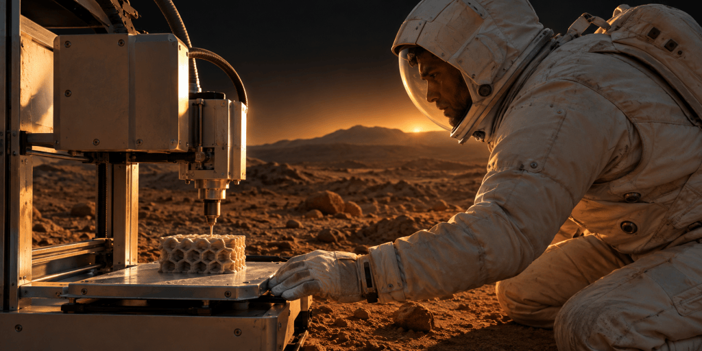 An engineer in an EVA suit kneels beside a 3D printer extruding a honeycomb-shaped Mars building material sample at sunset on the Martian surface.
