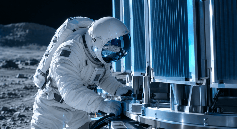 An astronaut in a white pressure suit and sealed helmet inspects the base of a lunar reactor's radiator sail array, lit by cool blue light.