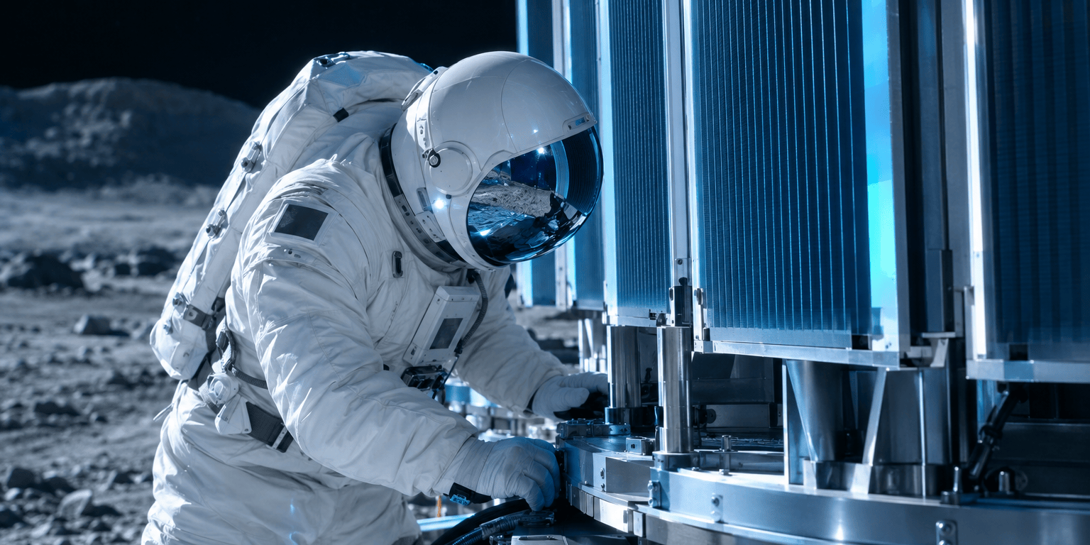 An astronaut in a white pressure suit and sealed helmet inspects the base of a lunar reactor's radiator sail array, lit by cool blue light.